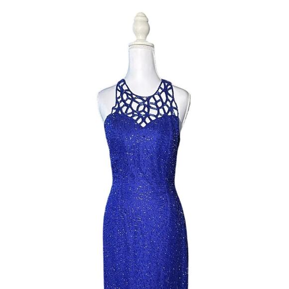 Vintage Scala Beaded Halter Keyhole Geometric Purplish Blue 0 Maxi Formal Dress - Picture 1 of 9